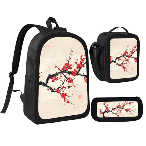 Flower Plum Blossom Japanese 3 Pcs 17 Inches Backpack Set With Insulated Lunch Bag And Pencil Pouch Large Back Pack For Men Women Lunchbox Pencil Case Waterproof Backpacks Lunch Box 3 Piece Daypacks