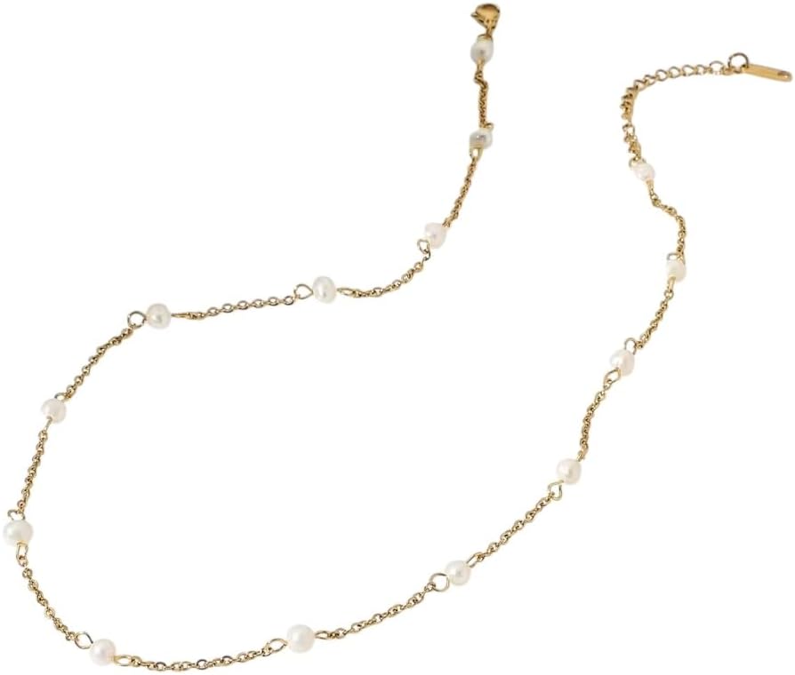 Elegant Pearl Station Necklace, 18K Yellow Gold Plated over Stainless Steel Chain with Freshwater Pearls, Delicate Choker Style for Women, Special Occasion Jewelry, Casual Necklace, 17-Inch Length with a 2-Inch Extension, Tarnish Resistant