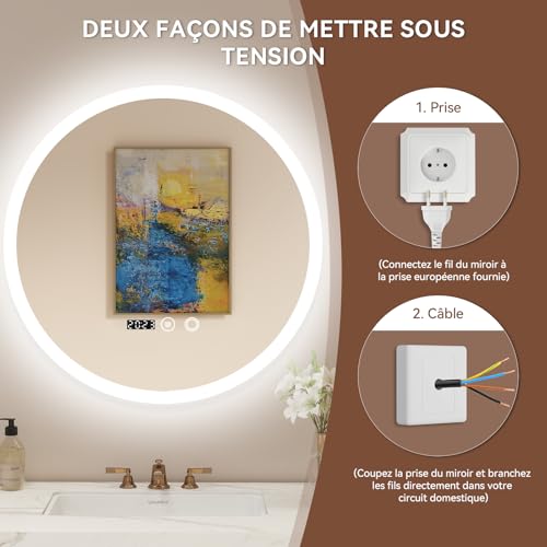 Miroir salle de bain LED rond 50 cm anti-buée YU YUSING
