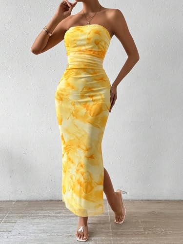 Image of Women's Mesh Floral Strapless Bodycon Maxi Dress Ruched Long Tube Dresses Summe Sexy Party Club Dress Y2K Dresses