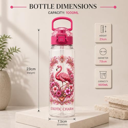 Image of Exotic Charm Flamingo Printed Water Bottle 1 Litre with Straw & Gulp Drinking