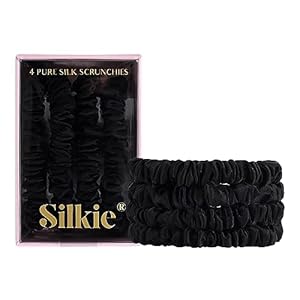 SILKIE x4 Set – Better than Satin – 100% Pure Mulberry Silk Black on Black Skinny Scrunchies Travel Pouch Everyday Hair Ties Elastics Hair Care Ponytail Holder No Damage (Noir)
