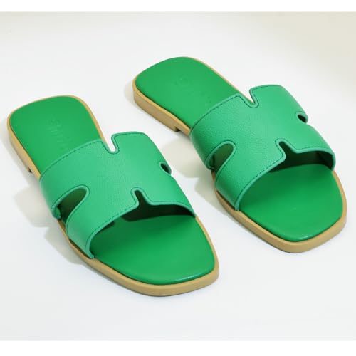 Image of Women's Flat Sandals, Ladies Leather Slippers, Comfy Dressy Slip on Shoes Elegant Slides Summer Fall Spring Cute Open Toe Casual Footwear