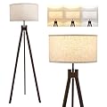 ELYONA Wood Tripod Floor Lamp for Bedroom, 3 Color Temperatures & Linen Shade, Modern Reading Standing Lamp with 9W LED Bulb, Mid Century Night Light for Farmhouse, Living Room, Office, Walnut