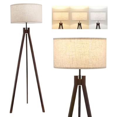 ELYONA Wood Tripod Floor Lamp for Bedroom, 3 Color Temperatures & Linen Shade, Modern Reading Standing Lamp with 9W LED Bulb, Mid Century Night Light for Farmhouse, Living Room, Office, Walnut