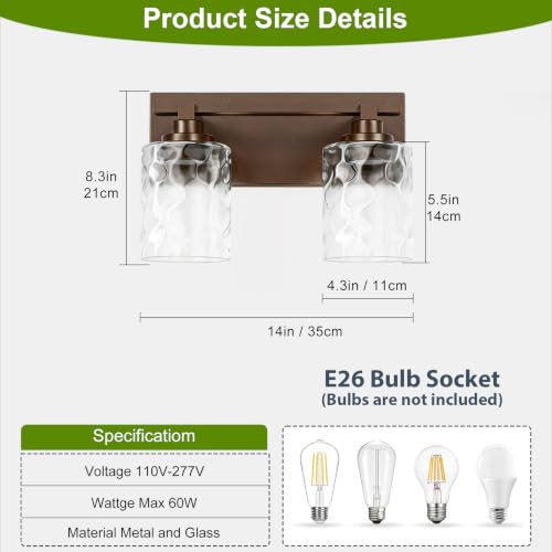 Image of Modern Bathroom Lighting Fixtures Over Mirror, Vanity Lights for Bathroom, Wall Sconces with Clear Glass Shades, E26 Ceramic Socket, 2-Light 14-inch Oil-Rubbed