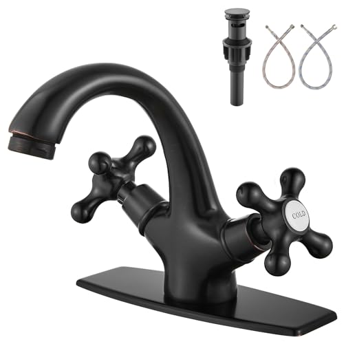 Aolemi Bathroom Sink Faucet Single Hole Cold and Hot Double Handle Cross Knobs Vanity Vessel Sink Basin Mixer Tap with Deck Cover Plate with Pop Up Drain Oil Rubbed Bronze