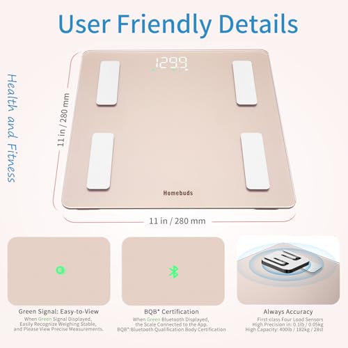 Homebuds Smart Bathroom Scales For Body Weight And Fat, High Precision Assured By Weighing Scales Professional Factory Since 2001, App Sync 13 Body Composition With Bmi And Body Fat, 400Lb Rose Gold - 3