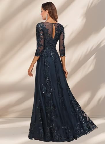 Women's Lace Appliques Mother of The Bride Dresses with 3/4 Sleeves Scoop Neck Beaded Formal Evening Gown4
