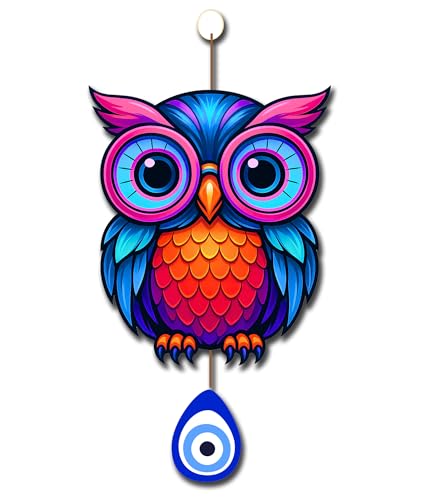 Image of GENXTRA Neon Multicolor Owl Wall Hanging with Nazar Protection Charm | MDF Wooden Decorative Wall Art for Home & Office | Modern Boho Decor