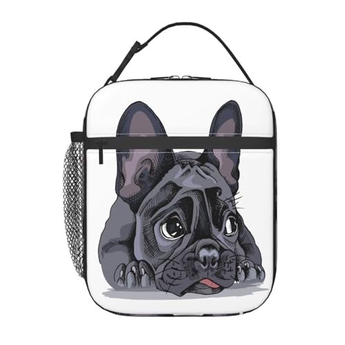 ポータブル断熱ランチバッグ。防水性と漏れ防止性を備え、スタイリッシュで丈夫。仕事、学校、アウトドア活動に最適です。男性にも女性にも適しています。(悲しいフレンチブルドッグの肖像画、犬の子犬、面白い手、かわいい)