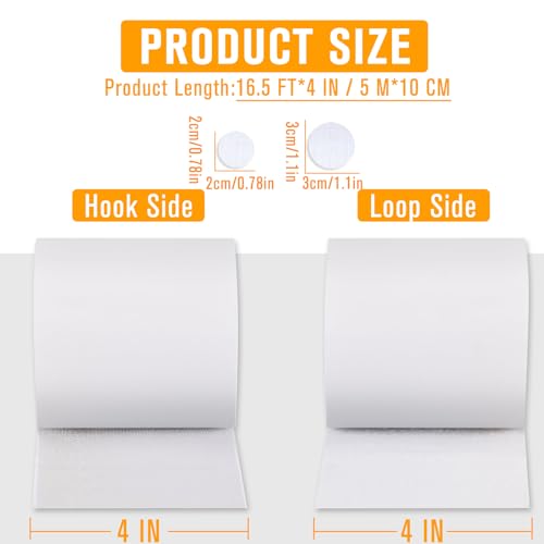 Image of Hook and Loop Tape 16.4 Ft x 4 in Heavy Duty Hook Loop Adhesive Strip with 10 Pairs of Circle Dots for Picture Hanging Strips Fastener (White)