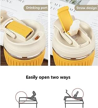 Image of KHOLAD Reusable Glass Coffee & Juice Mug Shaker with Lid & Straw Pack of 1, Thick Glass Tumbler 350ml, Anti-Slip Silicone Band, Leak-Proof Travel Cup Sipper Bottle for Hot & Cold Drinks (Small Shake)