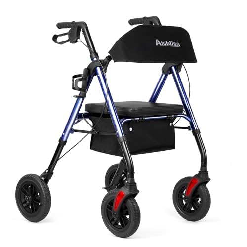 Ambliss Rollator Walkers with Seat for Seniors, 300lb-Weight Capacity,Foldable Lightweight 4 Wheel Rolling Walker with Backrest,Large Storage Bag,8" Wheels-All Terrain,Adjustable Height,Blue