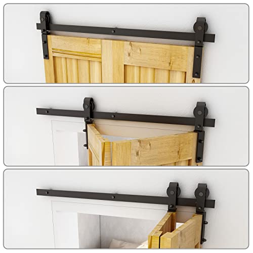 CCJH 30\" Bi-Folding Sliding Barn Door Hardware Kit for 2 Doors,Slide Smoothly Quietly,Black Track J Shape Roller,No Door - Thumbnail 3