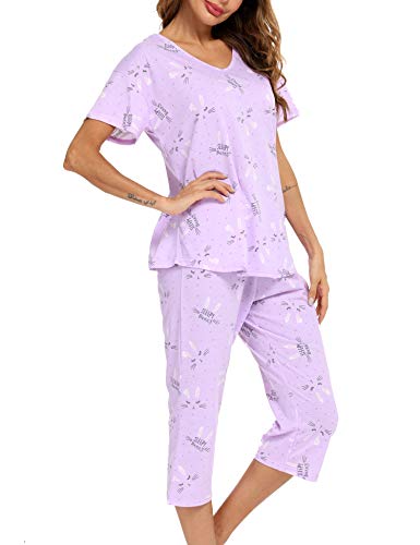 ENJOYNIGHT Womens Pajama Sets Cotton Summer Pjs Tops with Capri Pants Sleepwear (Tuzi, Medium)