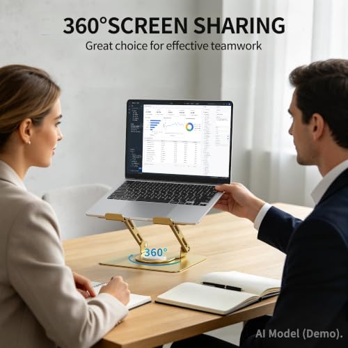 Image of SOUNDANCE 360 Rotating Laptop Stand, Ergonomic Computer Riser for Desk, Adjustable Height Multi-Angle Metal Holder, Foldable Portable Notebook Elevating Base for Office & Home, Gold