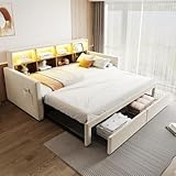 Sapgaks Canapé lit rembourré 90x190 avec lit gigogne,LED,Prises de Recharge,USB&Type C,2 tiroirs,rangements,Cadre de lit 1 Personne avec sommier à Lattes,Velours,sans Matelas (B Beige)
