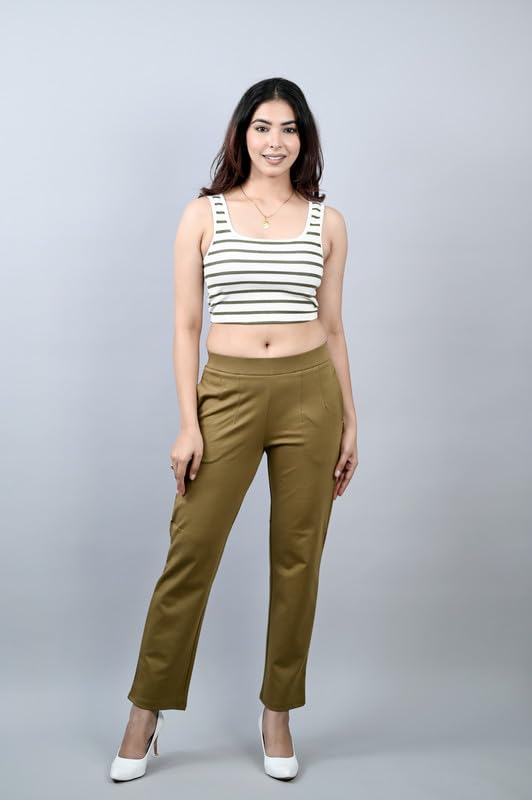 Image of Mlada Straight Fit Cigarette Pencil Pants Elastic Waist Band Mid High Waist Formal Office Trousers for Women, Pockets for Travel Stretch Cotton Knit Full Length Regular /Plus Size