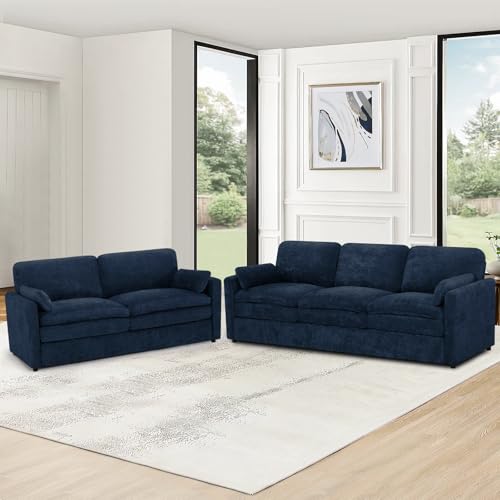 Lesofair Classic Chenille Sofa Set with 2 Extra Armrest Pillows, Loveseat and 3-Seat Sofa with Upholstered Seat & Backrests, 2 Pieces Sectional Couch with Thickened Cushions for Living Room, Blue - Thumbnail 7
