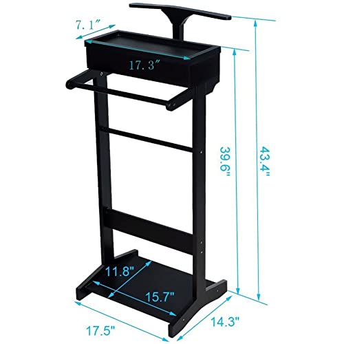 Suit Valet Stand Walnut Wood Wardrobe Suit Valet Stand Organizer Clothes Rack With Trouser Bar Jacket Hanger Tray Organizer Tie & Belt Hook And Shoe Rack Gift ( Color : Black , Size : 17.5*14.3*43.4In #TOP1