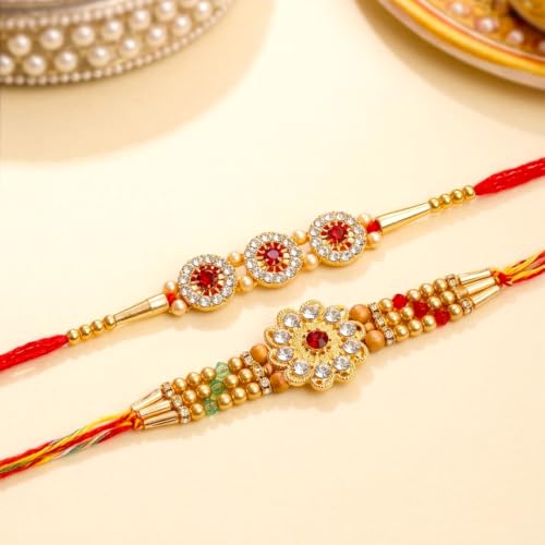 Image of Peora Om Shree Ram Swastik Rakhi for Brother Bhaiya | Crystal & Beads Studded | Red Thread | Raksha Bandhan Hamper with Roli Chawal Greeting Card