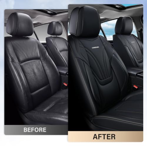 Image of Coverado Car Seat Covers Front Seats, 2 Piece Car Seat Protector with Lumbar Support & Removable Headrest, Breathable Leather Seat Cushion Universal Fit for Truck Automotive Vehicles Black