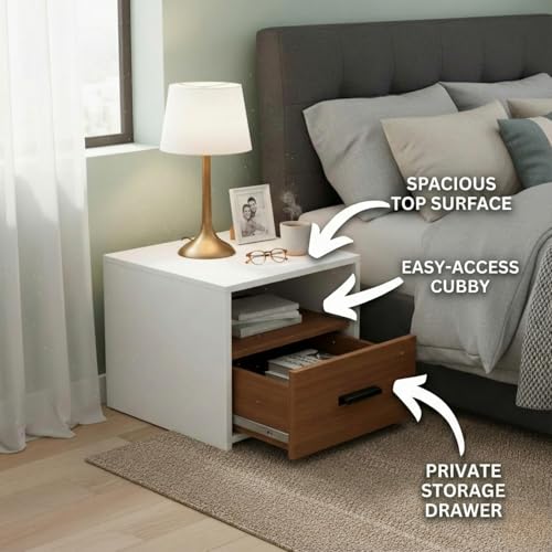 Image of FFO Side Tables for Bedroom with Drawers | Bed Side Table for Bedroom with Drawer, Wooden Bedside Drawer with Open Shelf, Modern Side Table for Bed Room, White Walnut Finish, DIY