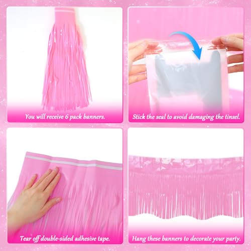 Image of LOLStar Macaron Pink Foil Fringe Tinsel Garland Streamers Banner, 6 Pack | 60Ft Tinsel Streamers, Macaron Pink Tinsel Fringe Banners for Wedding, Gender Reveal, Bachelorette, Birthday Party Decor