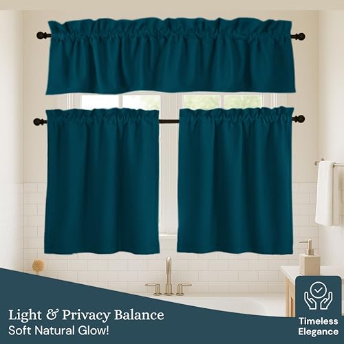 Softopia Cotton 3 Piece Window Curtain Set, 100% Cotton, 2 Tiers 26x36 Inch & 1 Valance 54x18 Inch, Semi Sheer, Rod Pocket, Short Curtain for Kitchen, Café, Living Room, Bathroom, Bedroom, Teal Green by Softopia Cotton - Image 5