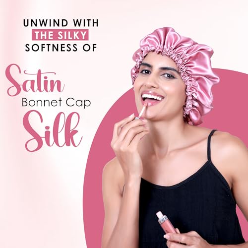 Image of GLUN Hair Bonnet Cap with 3 Satin Scrunchies Combo, Soft Pink Satin Cloth Bonnet Cap Prevents Hair Breakage, Ideal for Curly & Natural Hair, Frizz Control & Moisture Retention