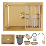 55 x 40 cm ゴールド プレップシンク（蛇口付き、アンダーマウント式、ステンレス製、多機能キッチン必需品、シングルボウル、水切り器、取り付け部品、水切りバスケット付き）