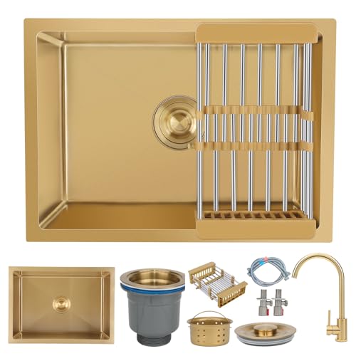 KOOGIMDDR Évier de préparation doré de 55 x 40 cm avec robinet en acier inoxydable sous plan de cuisine multifonctionnel à cuve unique avec vidange dorée et composants de montage, avec panier de