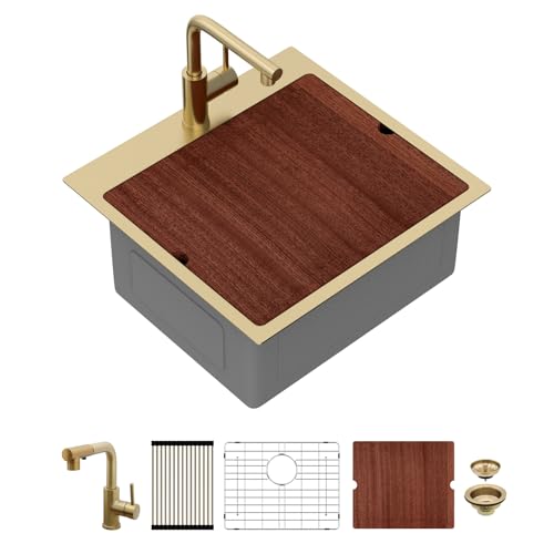 Sarlai 21 Gold Kitchen Sink with Faucet- 21x20 Inch Drop In Kitchen Sink Gold Ledge Workstation Sinks 16 Gauge Stainless Steel Single Bowl Topmount Sinks with Pull-out Faucet