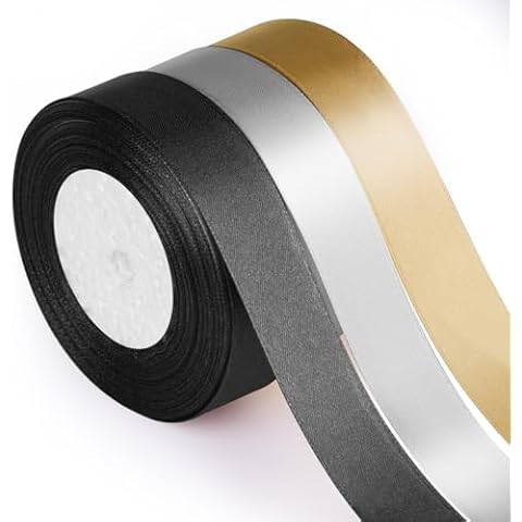 ASTARON Satin Ribbon for Crafts 1 Inch, Black Gold Solid Color Fabric Ribbon for Gifts Bouquets Wrapping DIY Hair Bows Birthday Graduation NYE Party Decorations Cover