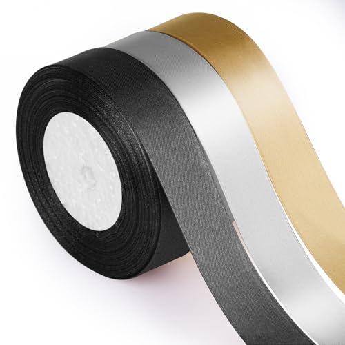 ASTARON Cinta de satén para manualidades de 2.5 cm, color negro y dorado, ideal para envolver regalos, ramos, lazos para el pelo, cumpleaños, graduación, fiestas de fin de año, etc.