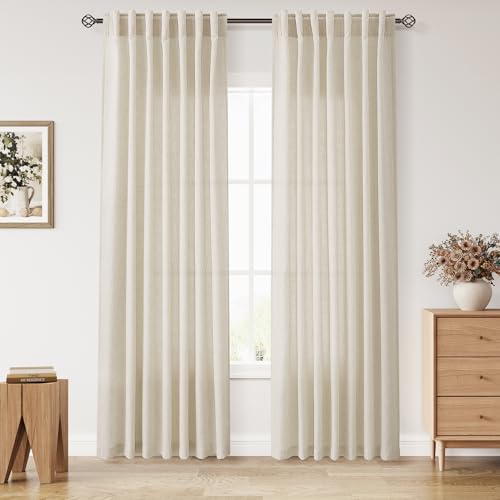 Image of Nanspring Birch Beige Linen Curtains 84 Inches Long for Living Room Light Filtering Semi Sheer Curtain Back Tab Modern Farmhouse Decor Elegant Luxury Coastal Drapes for Bedroom Office 52x84,2 Panels