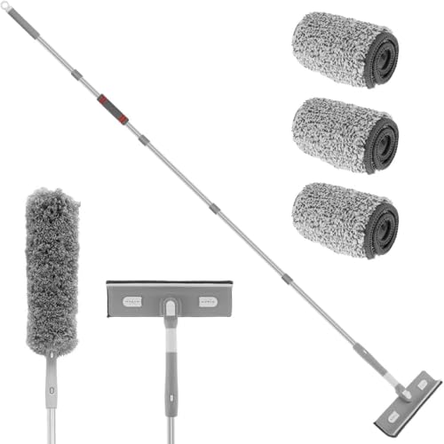 Grillix Limpiador de cristales, 360° giratorio cepillo limpiacristales con barra extensible, espátula y 4 paños de microfibra, extensible, intercambiable, herramientas para la limpieza de cristales