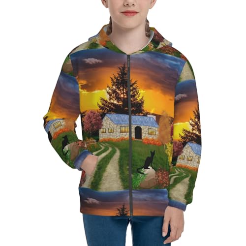Fall Village Scenery Kids Pullover Hoodies Boys Zip Up Sweatshirts Girls Athletic Clothes with Pocket3