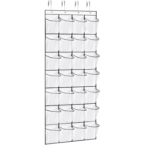 VOPTON 28Large Pockets Over The Door Shoe Organizer, Hanging Shoe Organizer for Closet, Premium Clear Shoe Rack for Door, Shoes Hanger Organizers Storage Holder for Back of Door and 4Metal Hook White Cover