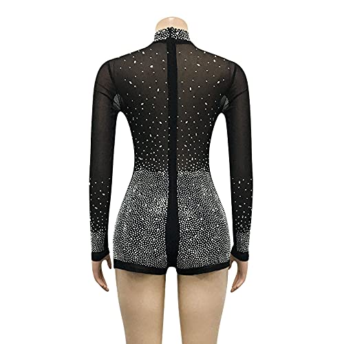 Oluolin Women's Sexy Sequin Rhinestone Mesh Bodycon Short Jumpsuit Crew Neck Long Sleeve Clubwear Party Romper #TOP3