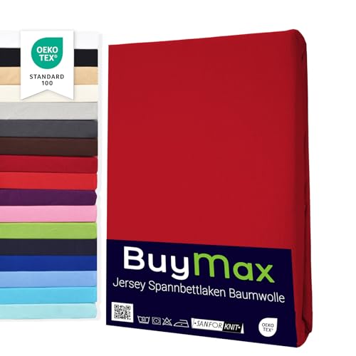 Buymax Spannbettlaken 140x200cm Baumwolle 100% Spannbetttuch Bettlaken Jersey, Matratzenhöhe bis 25 cm, Farbe Rot
