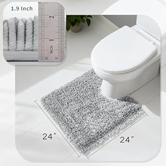 Yimobra Toilet Rugs U Shaped Washable, Extra Thick Soft Absorbent Chenille Contour Bathroom Rugs for Toilet 24x24 Inch, Quick Dry Non Slip Toilet Mat for Bath Floor, Light Grey