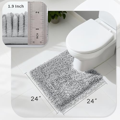 Yimobra Toilet Rugs U Shaped Washable, Extra Thick Soft Absorbent Chenille Contour Bathroom Rugs for Toilet 24x24 Inch, Quick Dry Non Slip Toilet Mat for Bath Floor, Light Grey