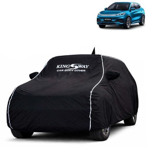 Image of KINGSWAY Accessories Super Waterproof Car Cover Only with BYD ATTO 3 Year 2022 Onwards, Mirror and Antenna Pockets, All Weather Protection Body Cover with Silver Piping, Black