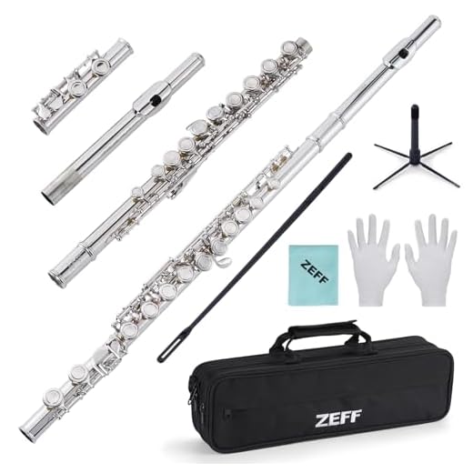 ZEFF Closed Hole C Flute, 16 Keys Instrument for Beginners, Kids, Student, Silver-plated Flute with Case,Stand, Cleaning Kit, Gloves and Tuning Rod