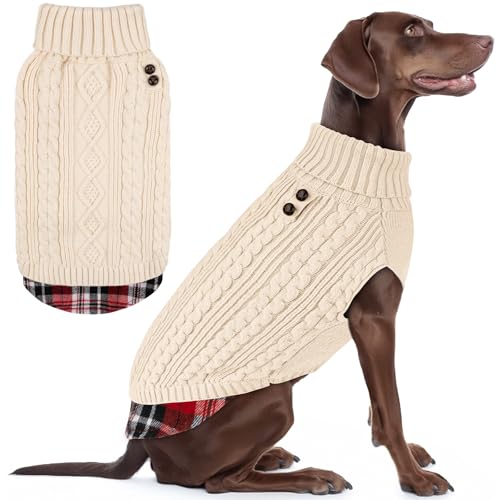 Image of KYEESE Dog Sweater for Large Dogs Turtleneck Thick Knit Pullover | Stretchy Fit, Lightweight & Warm, Cozy Knit Comfort, Classic Plaid Design, Gentle on Sensitive Skin, Winter Daily Wear