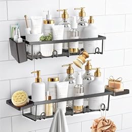 Sben Shower Caddy Adhesive, Rustproof Organizer, 5 Pack Rustproof Bathroom Shelves, Large Capacity No-Drill, Rack Storage Accessories with 2 Soap Dish, Toothbrush Holder and 8 Hooks Home Decor Black