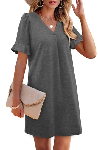 Image of OFEEFAN Summer Dresses for Women Ruffle Short Sleeve V Neck Casual Shift Dress with Pockets