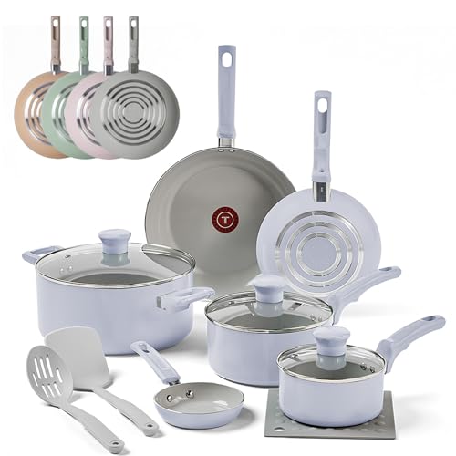 T-fal Refresh Ceramic, Ceramic Non Stick Cookware Set 12 Piece, Oven Broiler Safe 350F, Kitchen Cooking Set w/Egg Pan, Frying Pans, Saucepans, Dutch Oven, Lids, Tools, Pots and Pans Set Nonstick Blue